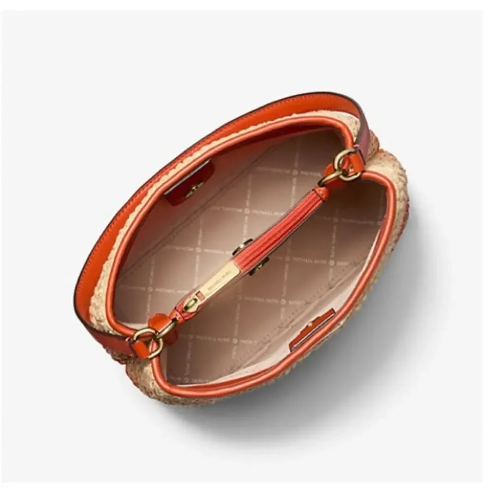 Michael Kors Pratt Medium Ombre Straw Shoulder Bag Red Clay Orange Summer Boho - Picture 3 of 15